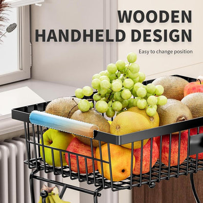 Space Saving 2 Tier Metal Fruit Stand with Hanging Hooks