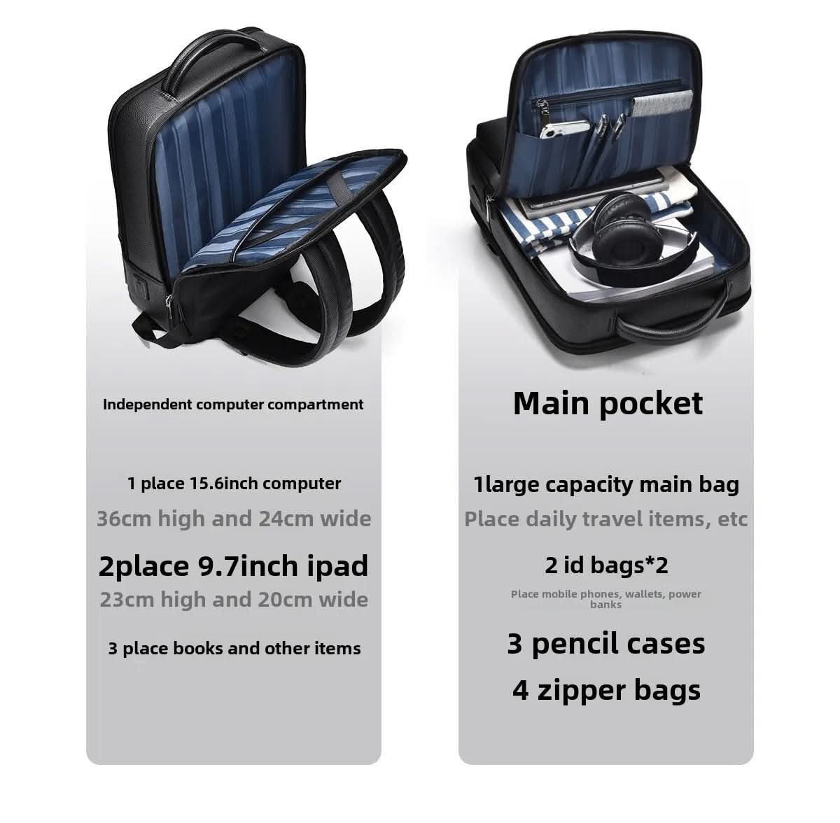 Stylish Leather Backpack with USB Port, 15.6 Inch, Black