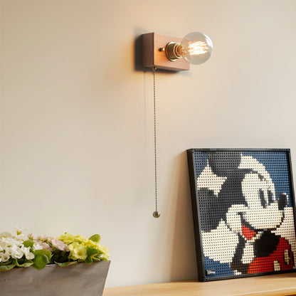 Rustic Wooden Bedside Wall Light with Pull Chain