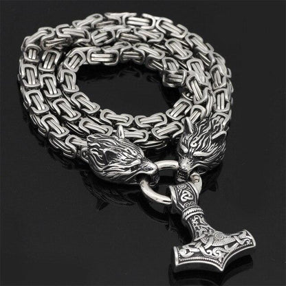60–90 cm Stainless Steel Double Wolf Head & Mjolnir Survival Spirit Necklace/Bracelet