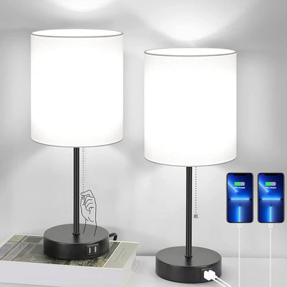 Compact USB Bedside Table Lamps Set of 2