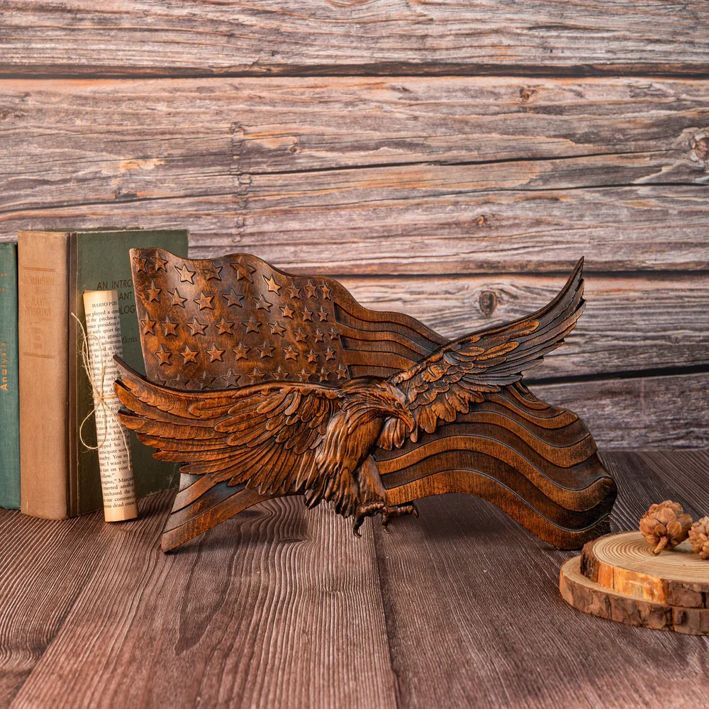 USA Flag Wooden Wall Decor Handcrafted Eagle Emblem