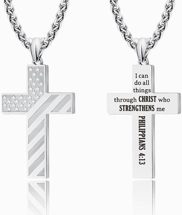 Patriotic USA Flag Cross Pendant Necklace