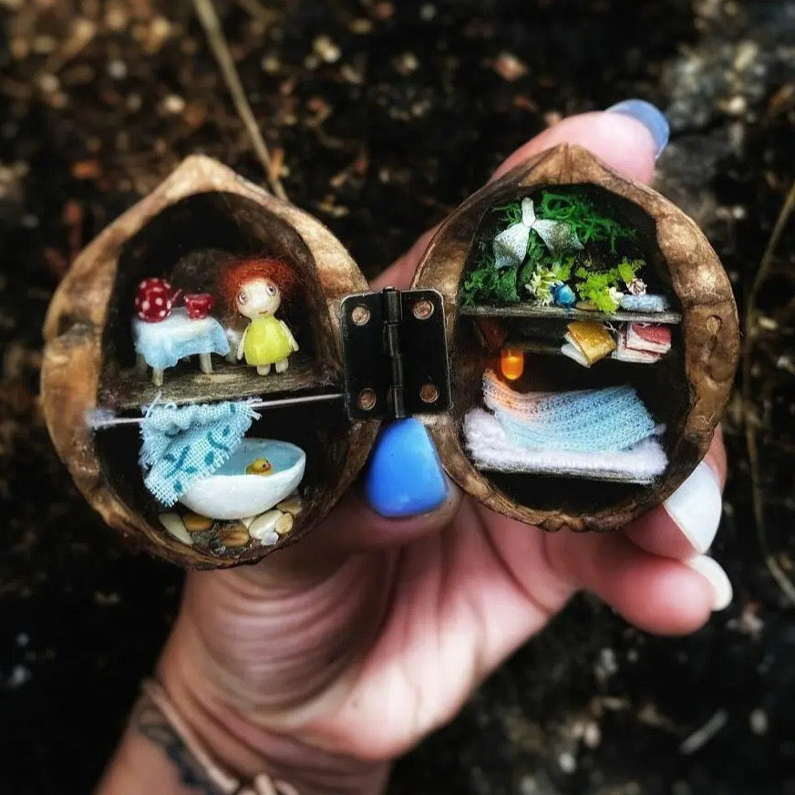 Small Wooden House Figurine with LED Light Detail