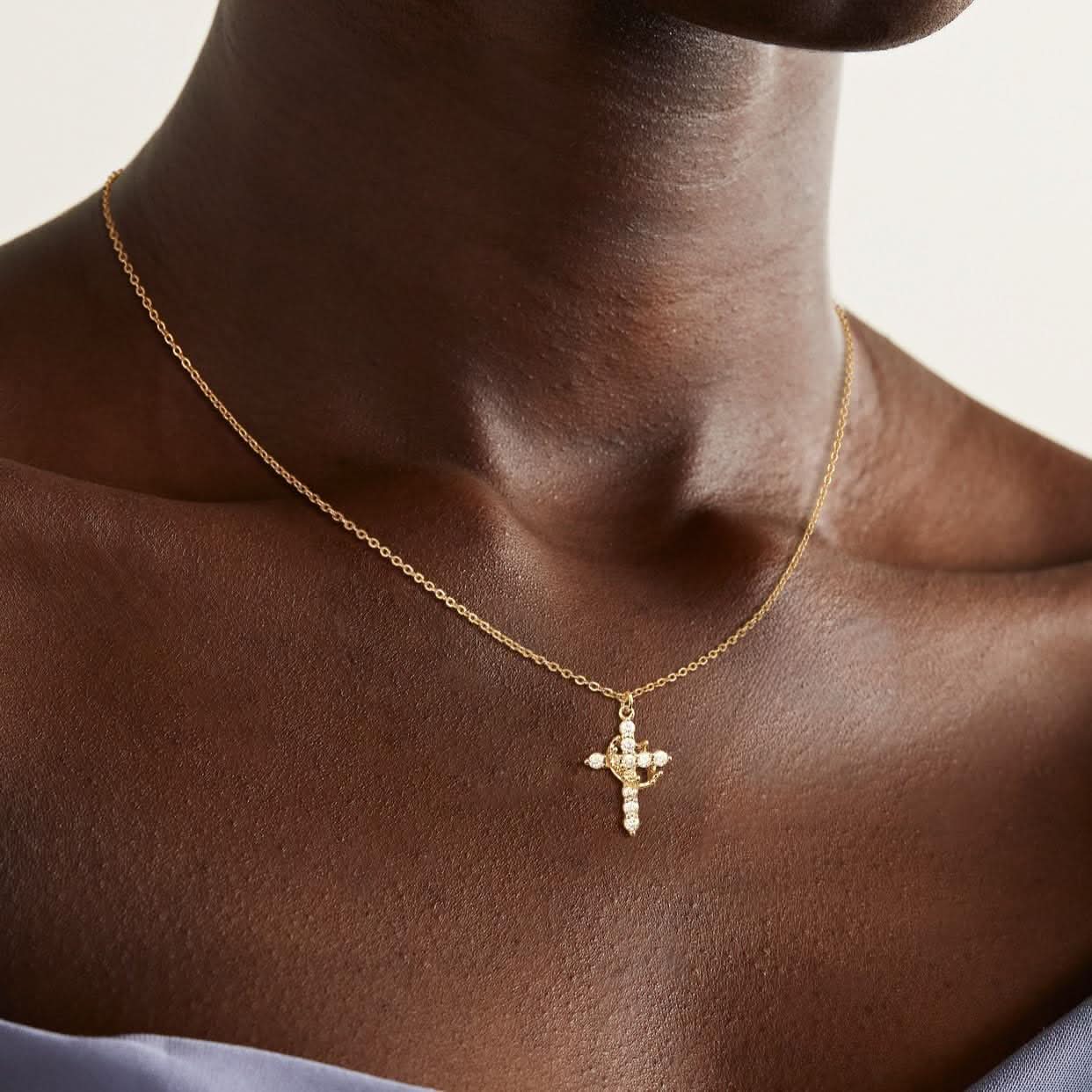 Luxurious 18K Gold CZ Cross Pendant Necklace
