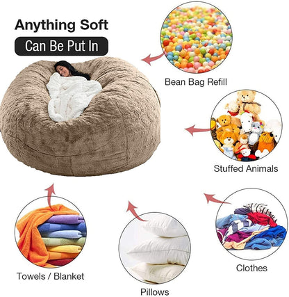 Plush 5ft Faux Fur Bean Bag Chair Cover - Soft Lounge Cushion
