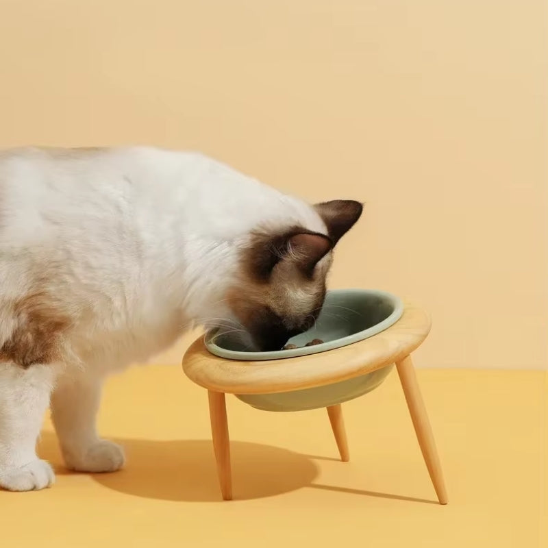 Elevated Pet Feeder Ceramic Cat Dish with Wood Base - Cofik