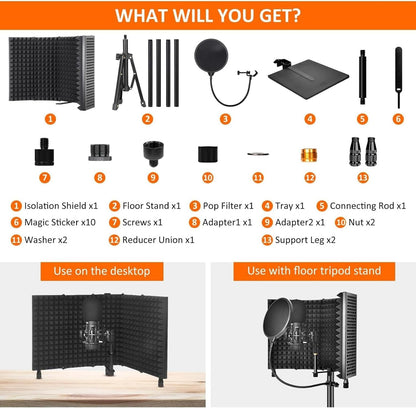 Portable Collapsible Mic Isolation Shield with Tripod Stand