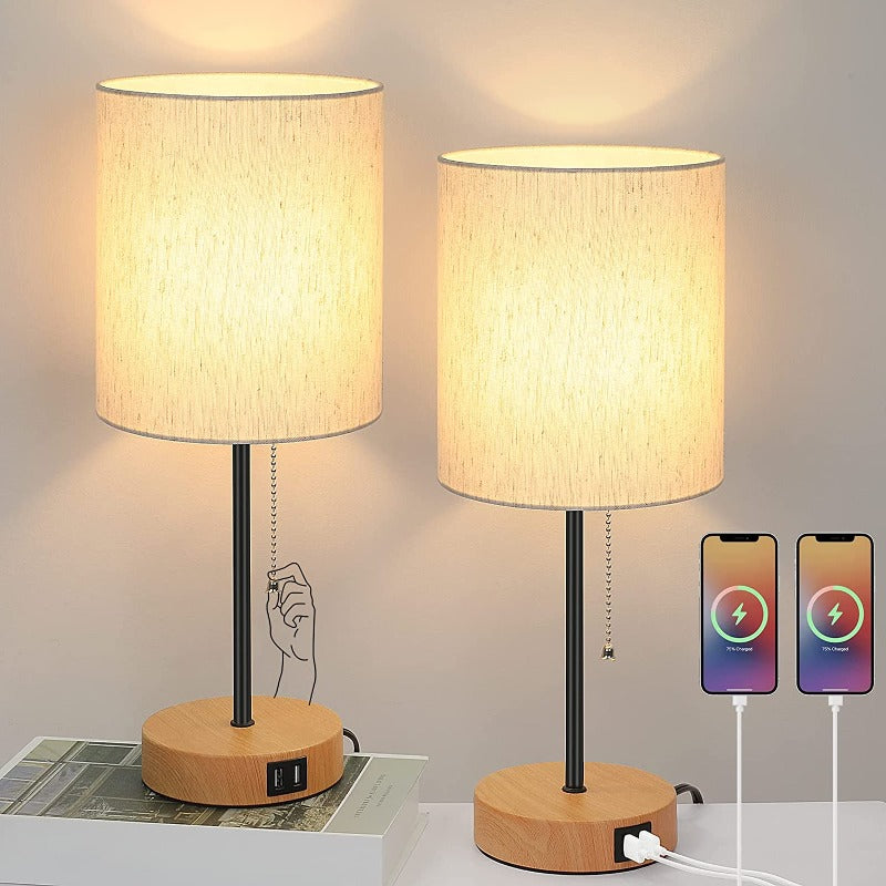 Compact USB Bedside Table Lamps Set of 2
