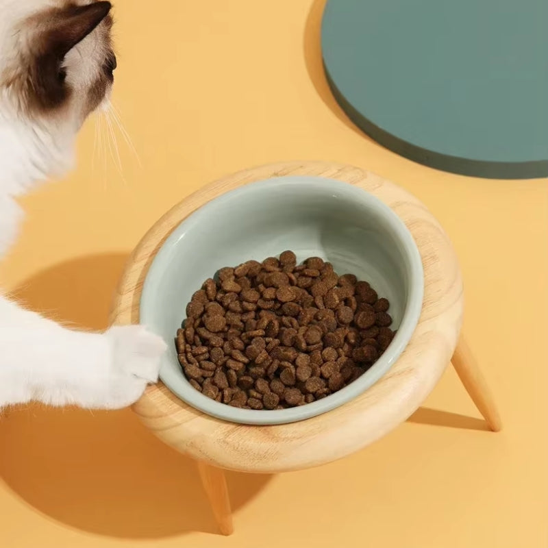 Elevated Pet Feeder Ceramic Cat Dish with Wood Base
