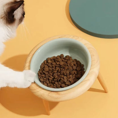 Elevated Pet Feeder Ceramic Cat Dish with Wood Base