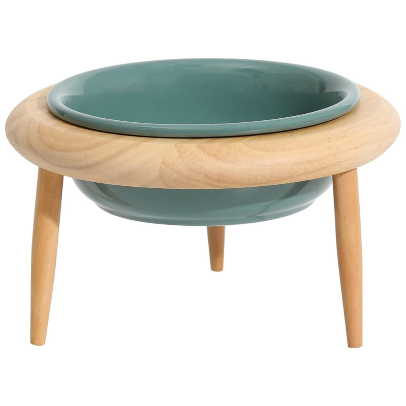 Elevated Pet Feeder Ceramic Cat Dish with Wood Base