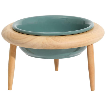 Elevated Pet Feeder Ceramic Cat Dish with Wood Base