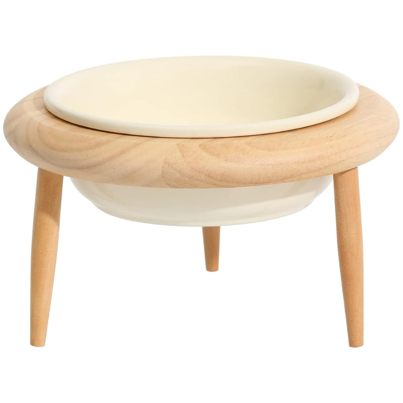 Elevated Pet Feeder Ceramic Cat Dish with Wood Base