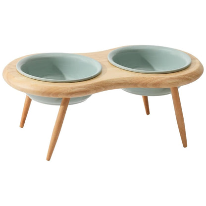 Elevated Pet Feeder Ceramic Cat Dish with Wood Base