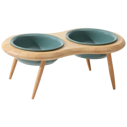 Elevated Pet Feeder Ceramic Cat Dish with Wood Base