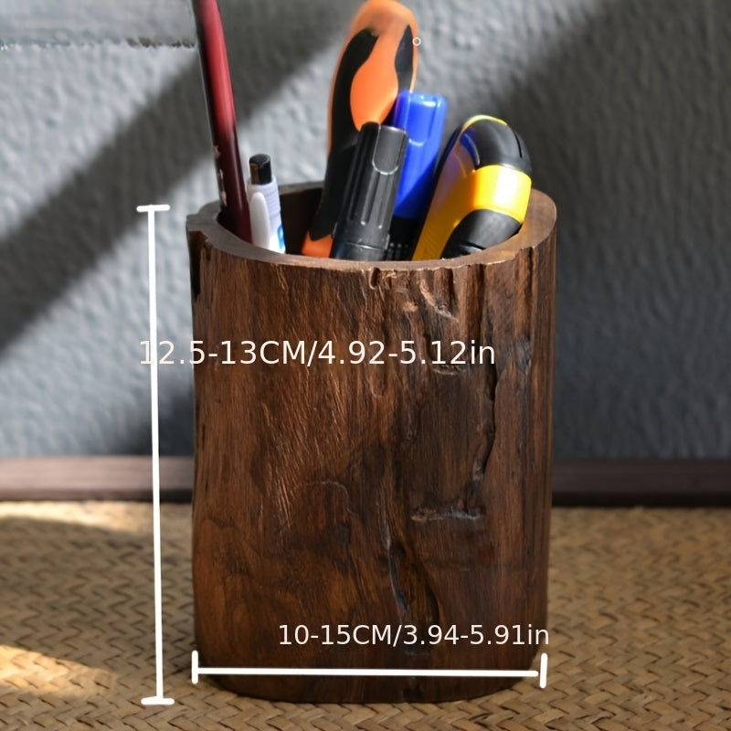 Rustic Wooden Desk Pen Holder - Natural Wooden Finish