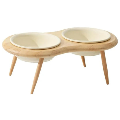 Elevated Pet Feeder Ceramic Cat Dish with Wood Base