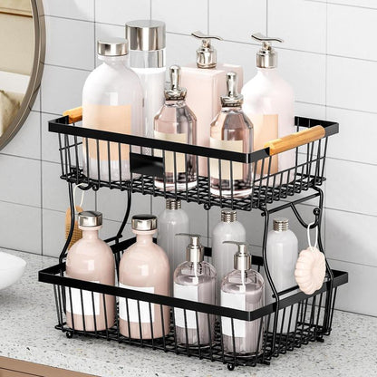 Space Saving 2 Tier Metal Fruit Stand with Hanging Hooks