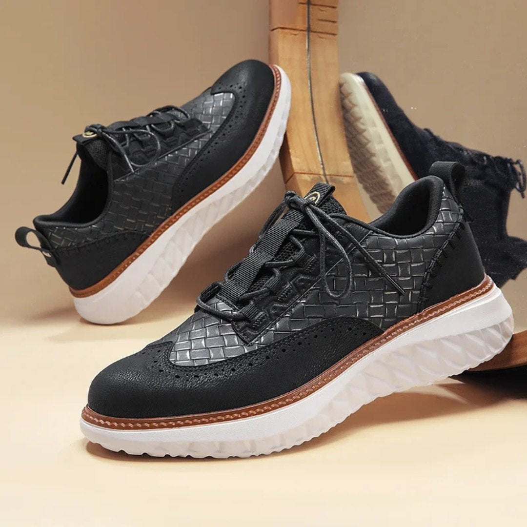 Stitched Leather Shoes with Perforated Detail and Black Sole