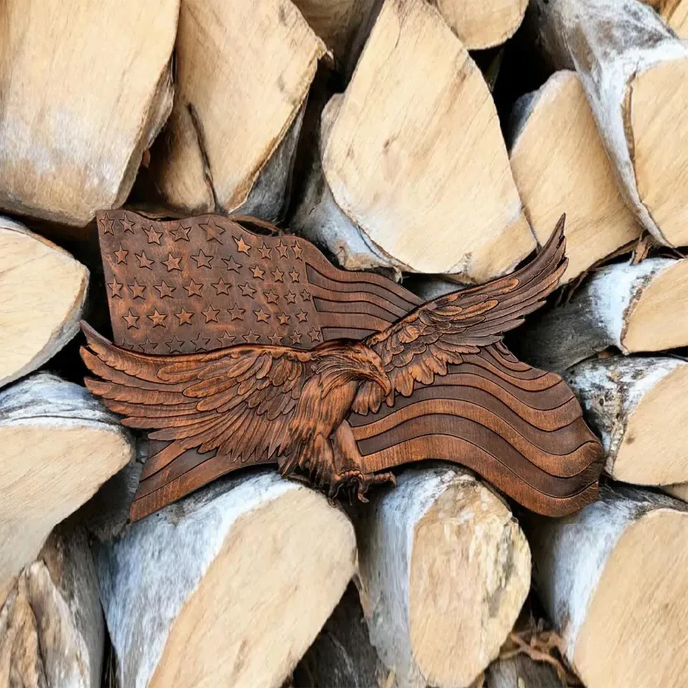 USA Flag Wooden Wall Decor Handcrafted Eagle Emblem