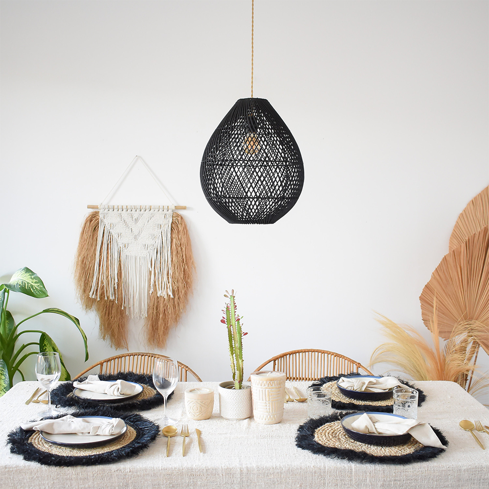 Natural Woven Rattan Black Hanging Lamp - Cofik