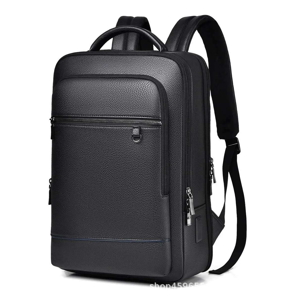 Stylish Leather Backpack with USB Port, 15.6 Inch, Black