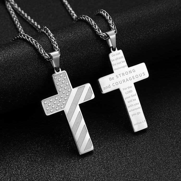 Patriotic USA Flag Cross Pendant Necklace