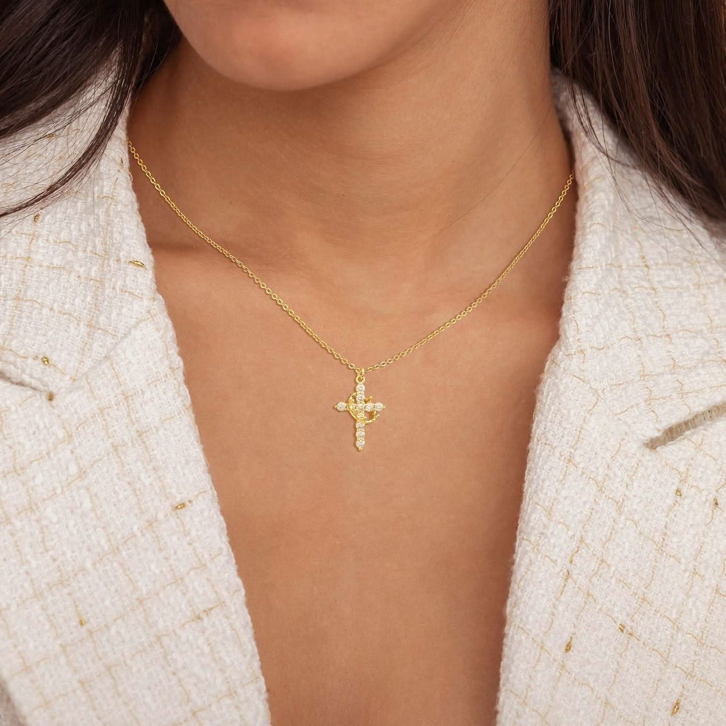 Luxurious 18K Gold CZ Cross Pendant Necklace