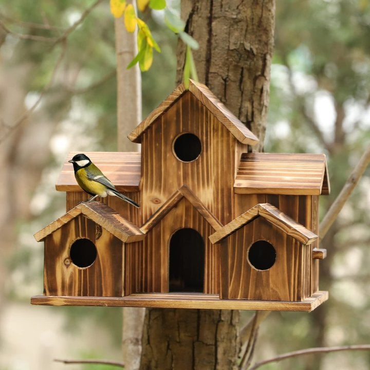 Natural Wood Bird Feeder with 6 Compartments