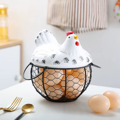 Farm Fresh Ceramic Egg Holder with Metal Basket