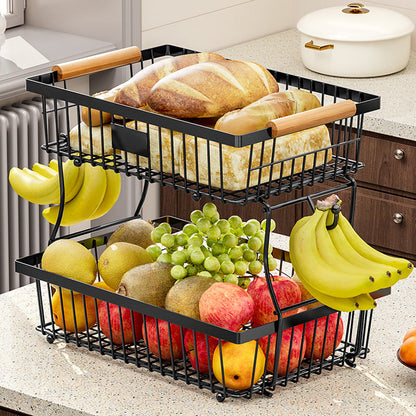 Space Saving 2 Tier Metal Fruit Stand with Hanging Hooks - Cofik