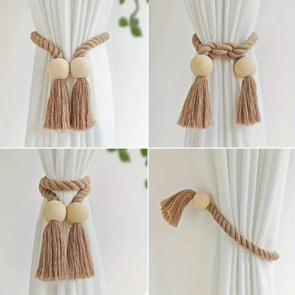 Natural Wooden Tassel Curtain Holders (Pair)