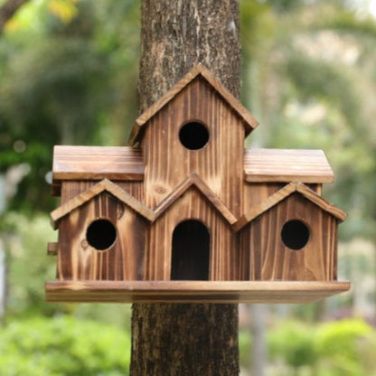 Natural Wood Bird Feeder with 6 Compartments