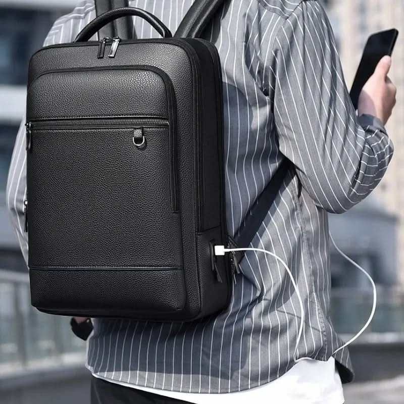 Stylish Leather Backpack with USB Port, 15.6 Inch, Black