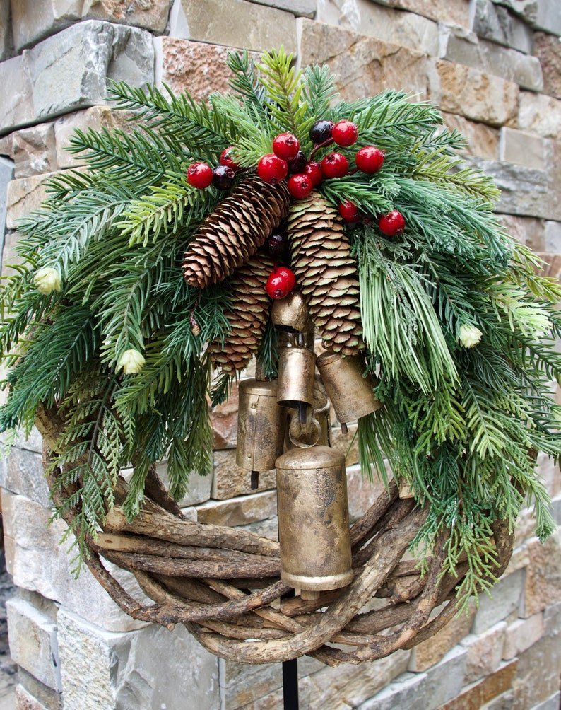 Rustic Christmas Wreath with Pinecones and Bells