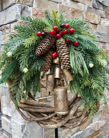 Rustic Christmas Wreath with Pinecones and Bells
