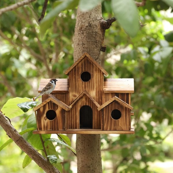 Natural Wood Bird Feeder with 6 Compartments