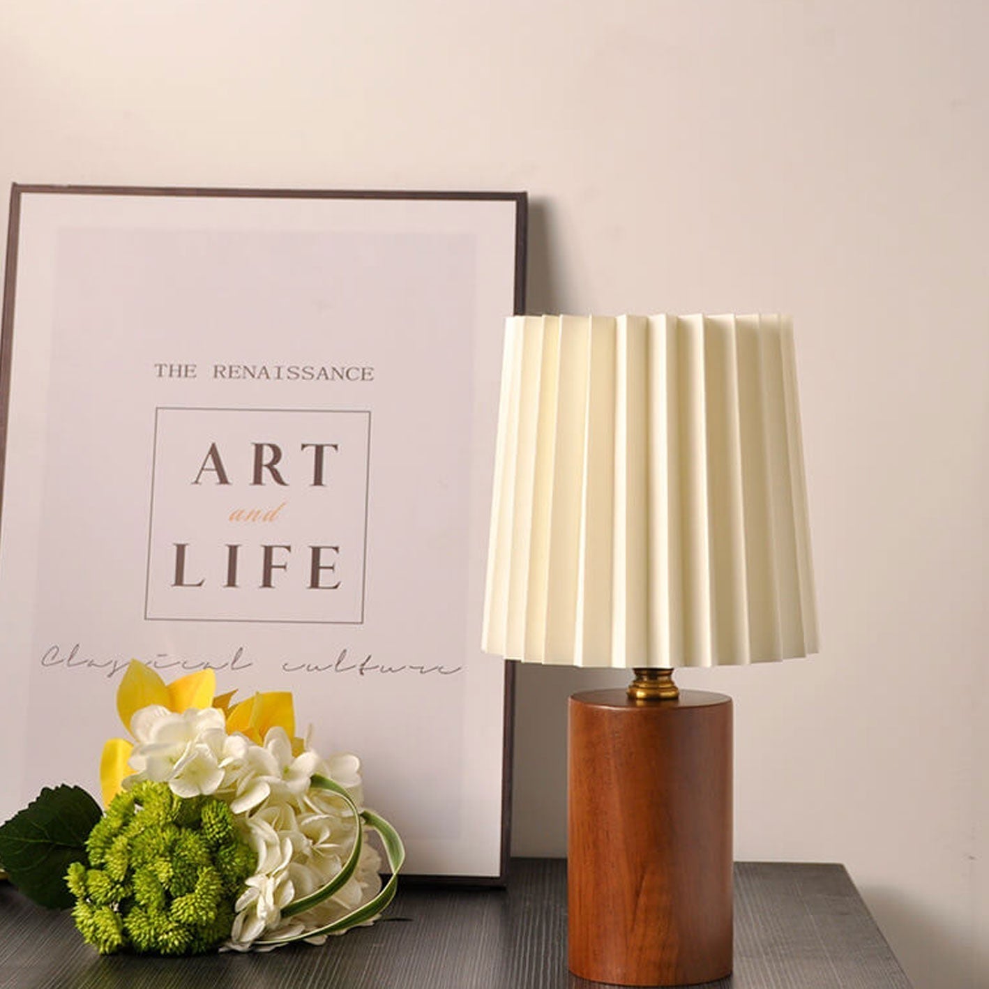 Rustic Wooden 1-Light Table Lamp with Classic Shade