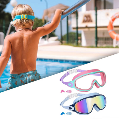 Kids Swim Goggles - Leakproof Panoramic Mask with Earplugs