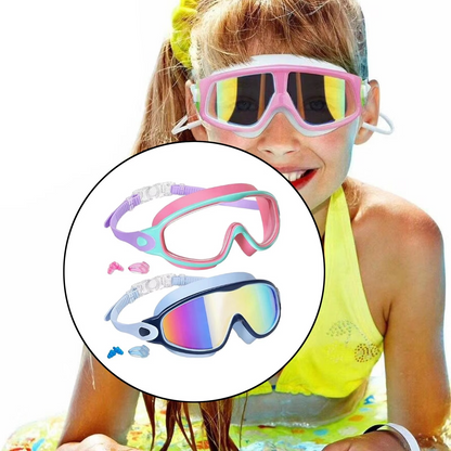 Kids Swim Goggles - Leakproof Panoramic Mask with Earplugs