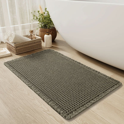 Plush Waffle Bath Mat with Fringes - Soft & Anti-Slip