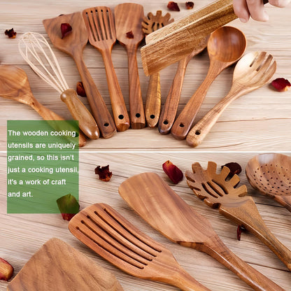 Natural Wood 11-Piece Kitchen Tool Set with Storage