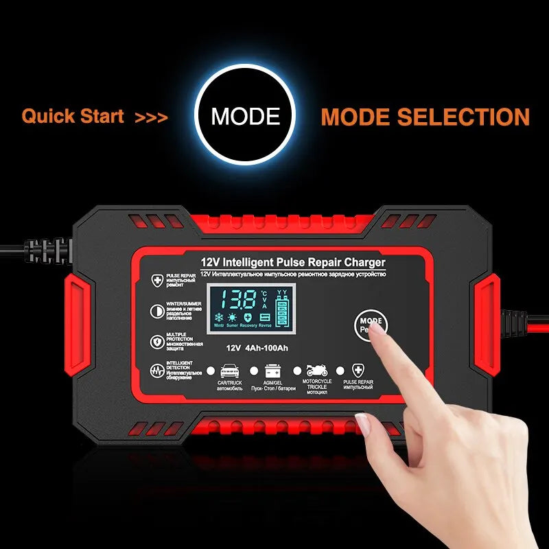Compact 12V 6A Auto Battery Charger with LCD Display