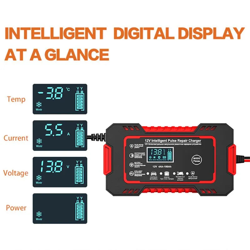 Compact 12V 6A Auto Battery Charger with LCD Display