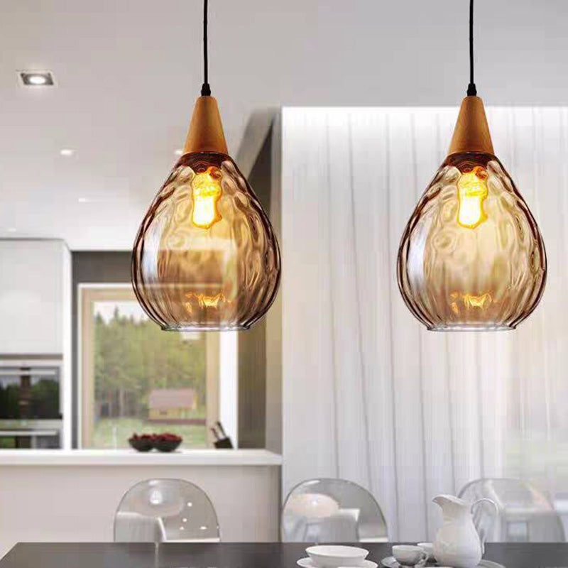 Stylish Glass Wooden Pendant Lamp Adjustable Hanging Light