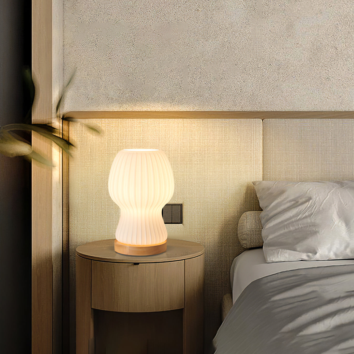 Sleek Glass Table Lamp with Wood Base