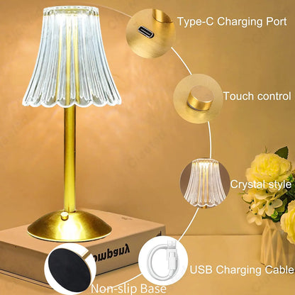 Luxury Glass Wireless Desk Lamp with Sparkling Crystal Accent