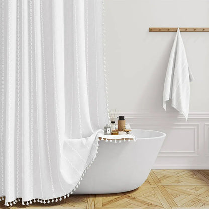 Rustic Linen Shower Curtain with Tassels and Water Repellent Design