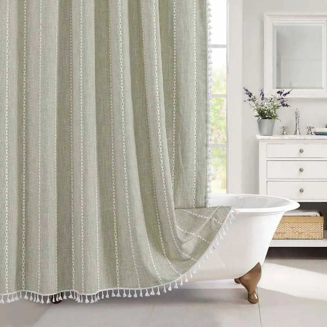 Rustic Linen Shower Curtain with Tassels and Water Repellent Design